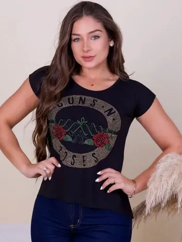 Blusas Femininas T shirts Guns N Roses Rock Pedraria Strass