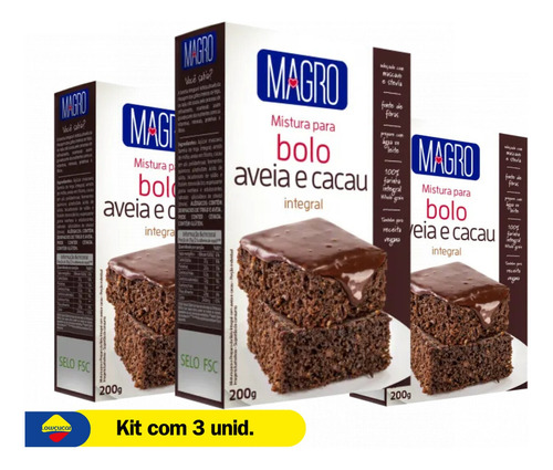 Kit Com 3 Bolo Integral Com Aveia E Cacau Magro 200g