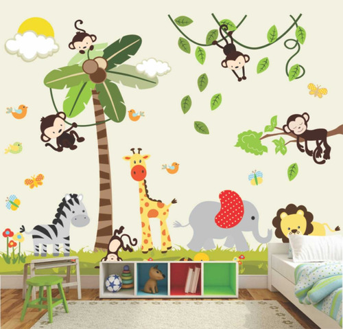 Papel Parede Infantil Adesivo Paisagem Painel Selva Zoo 100