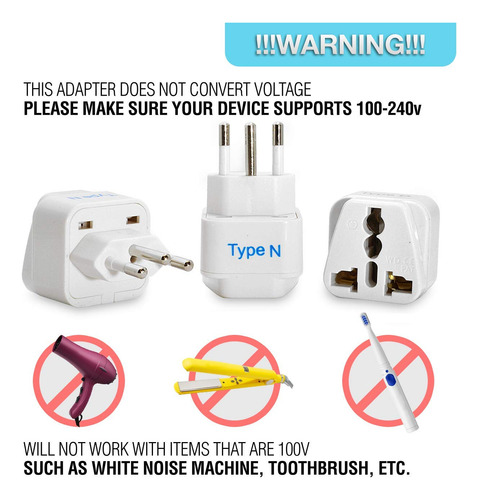 Adaptador De Viagem Ceptics Brazil Type N, Pacote Com 3