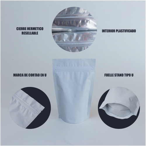 Imagen 4 de 5 de 100 Bolsa Stand Up Pouch Laminada Cierre Blanco Mate 150 Grs