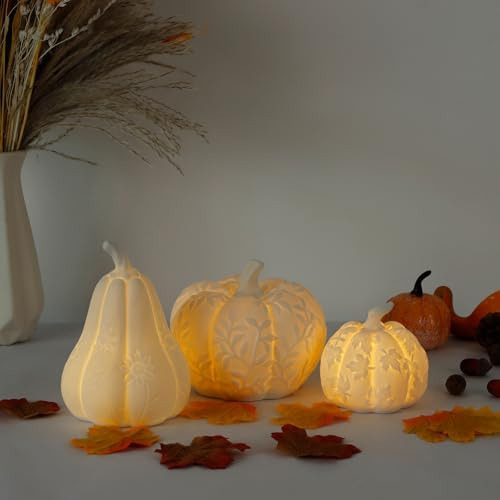 Juego De 3 Calabazas Grandes De Cerámica Con Luz, Calabazas