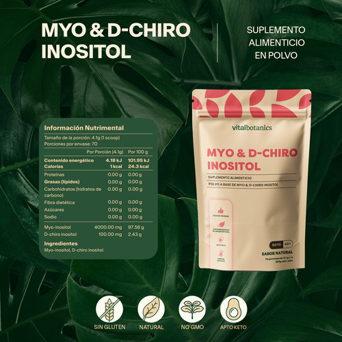 Myo Dchiro Inositol 40:1 Polvo 287g Suplemento Vitalbotanics Sabor Sin sabor