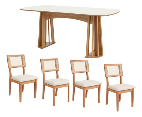 Conjunto De Jantar Mesa 1,80m Mdf E Base Ripada + 4 Cadeiras Tampa Off White Pés Freijó