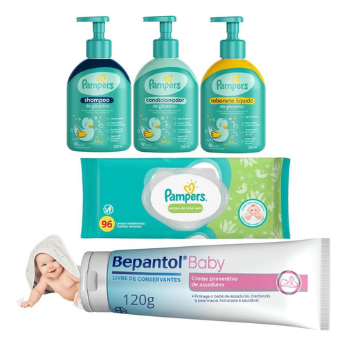 Kit Pampers Glicerina Bepantol Baby Pomada Assaduras Lenços