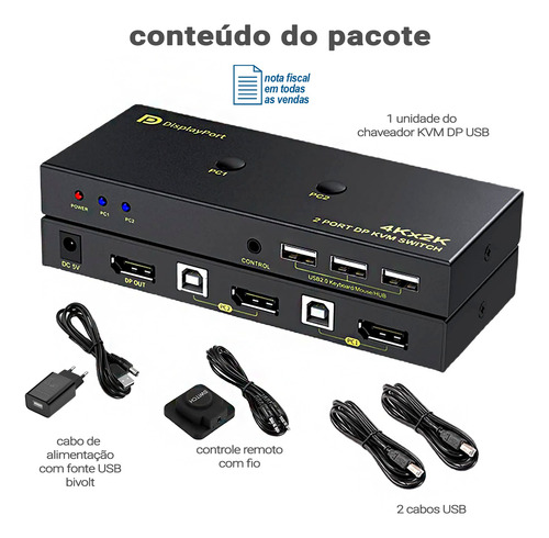 Chaveador Switch Kvm Display Port 2x1 Displayport 4k Usb
