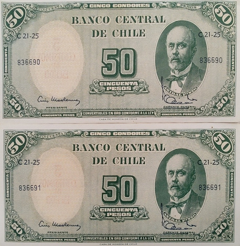 2 Billetes 50 Pesos Chile Mackenna Ibañez Correlativos(bb27