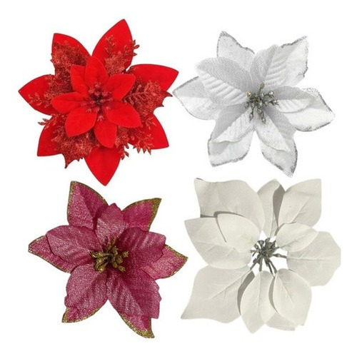 Pack 10 Flores Navideña Adorno De Navidad Decoración Árbol