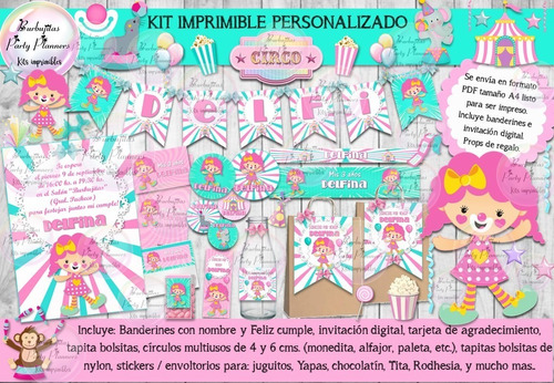 Kit Imprimible Candy Bar Circo Rosa Payasa Personalizado