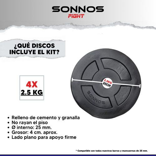 Mancuerna Maciza + 10 Kg 4x2.5kg Discos Pvc + Topes Sonnos