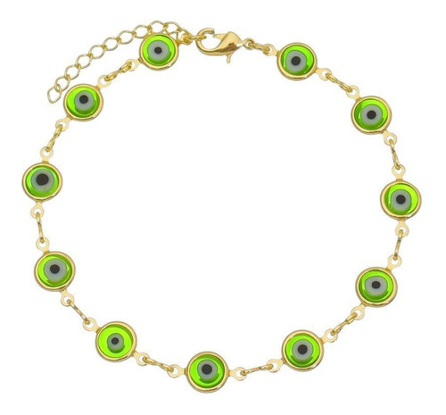 Pulseira Olho Grego Verde Folheada Ouro 18k 19cm