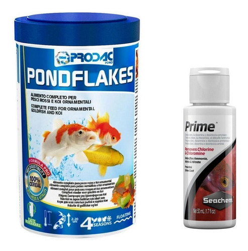 Kit Ração Prodac Pond Flakes 160g + Seachem Prime 50ml