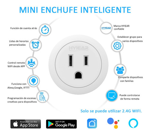 Imagen 2 de 10 de Hyiear Wifi Enchufe Inteligente Contactos, Con Alexa,google