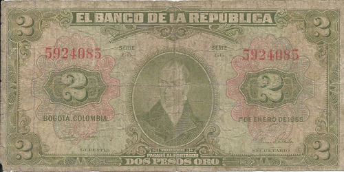 Colombia 2 Pesos Oro 1 Enero De 1955 - 7 Dígitos
