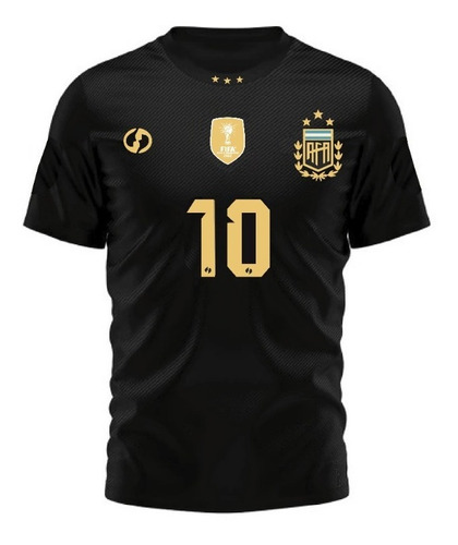 Camiseta Argentina 3 Estrellas Diseño-negra 10 Messi Dorada