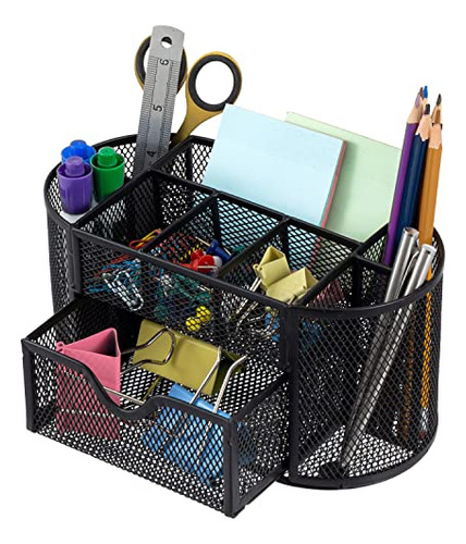 Black Metal Wire Mesh Desktop Organizer Caddy With 8 Co...