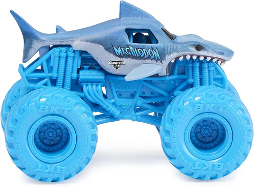 Monster Jam Camión De Metal Escala 1:64 Auto Monstruo Color Megalodon Ruedas Celestes