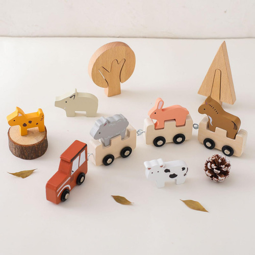 Juego De Tren De Animales De Madera, Bloques Apilables De