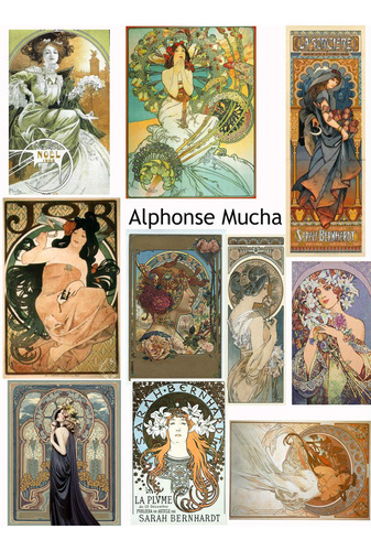 Vintage Impreso Alphonse Mucha Reproduccion Tarjeta Collage