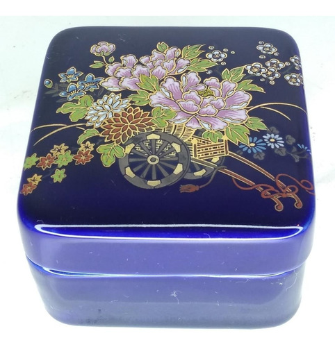 Cofre De Porcelana Japonesa Azul Cobaldo Pintado A Mano En P