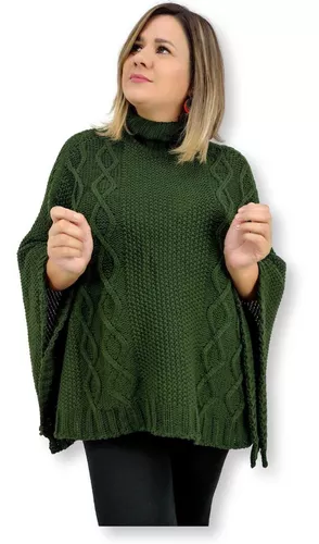 Blusa Poncho Tricot Gola Alta Xadrez Geométrico Moda Inverno