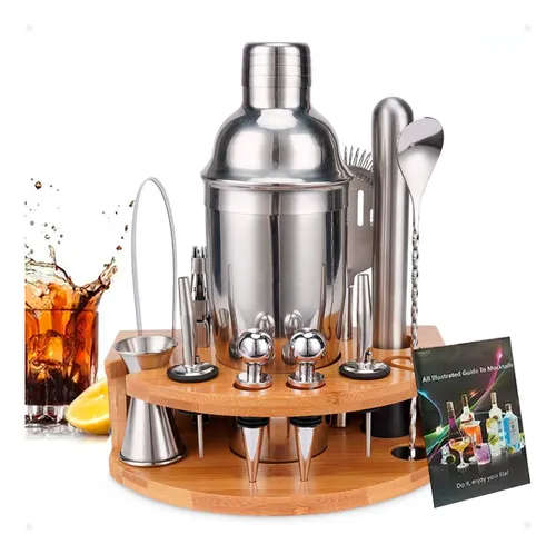 Set 12 Piezas Cocteleria Base Bambu Barman Bartender Tragos Coctelera Acero Inoxidable 550 Ml - Otec
