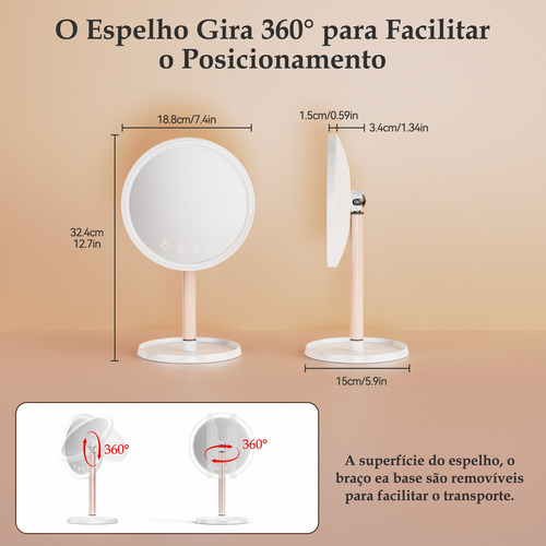 Espelho De Maquiagem Com Luz Led, 8 Polega/20cm Recarregável