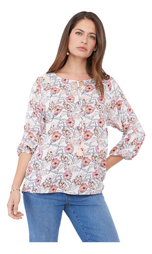 Blusa Mujer Manga Larga Borla Ecru Print Corona