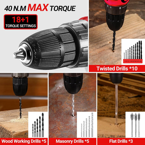 Red Drill Tool Kit Set: 20v Cordless Power Drill Tool Box...