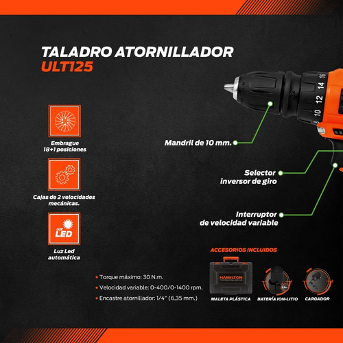 Taladro Atornillador Bateria 12volt Hamilton Ultimate Ult125 Color Negro