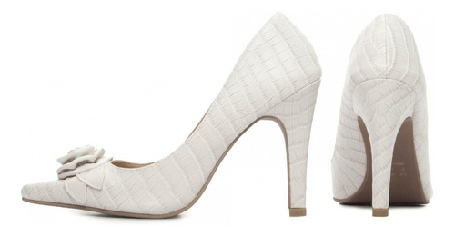 Imagem 2 de 5 de Scarpin Sapato Noiva Branco Off White Croco Salto Alto Macio