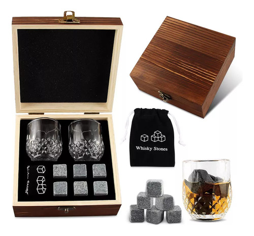 Piedra De Whisky Con Vasos De Whisky Y Caja De Madera Whiske