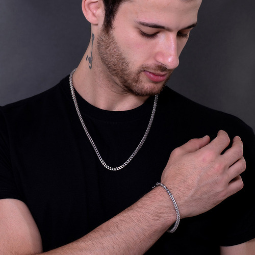 Kit Corrente Cordão Pulseira Masculino Prata Cj-113 Aço Inox