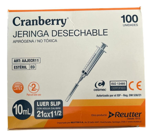 Jeringa Desechable Luer Slip 10cc 21g X 1 1/2 Pack 10 Uds