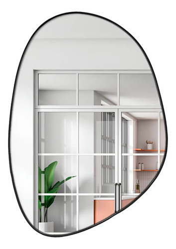 Espelho Decorativo Parede Orgânico 60x40cm Moldura Couro Ecológico Preto