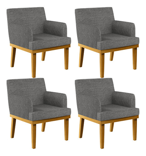 Kit 4 Poltronas Decorativas Para Sala de Estar Beatriz Base Mel W01 Linho Cinza Escuro