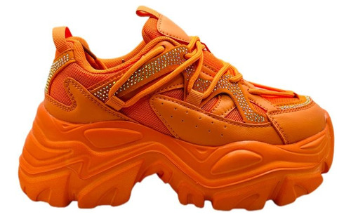 Tenis De Moda Con Plataforma Chunky Con Brillos Naranja