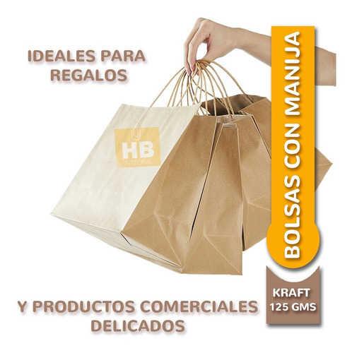Imagen 4 de 7 de Bolsa De Papel Madera Con Manija 30x22x10 X50u -1era Calidad