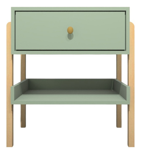 Mesa De Cabeceira Em Mdf Pés em Madeira Natural Com 1 Gaveta E Prateleira Acabamento Fosco Cor Verde jade