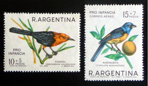 Argentina Aves Serie Gj 1403-04 Pro Infancia 1966 Mint L9181