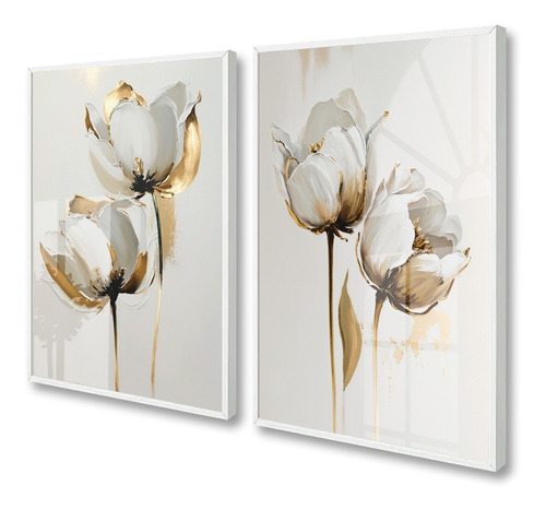 Quadros Decorativos Flores Douradas Tulipas Luxo Com Vidro