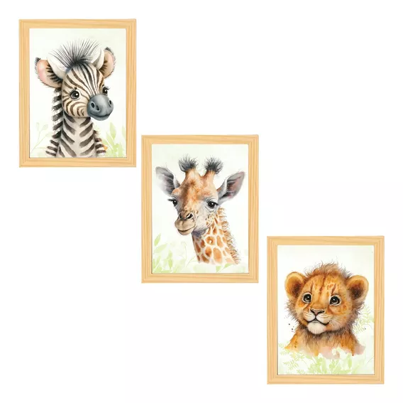 Kit 3 Quadros Para Bebe Girafa Leão Zebra Aquarela A3 Safari