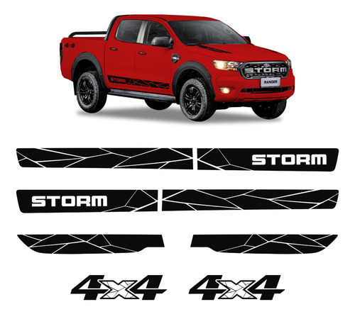 Faixas Ranger Storm 2020/ + 4x4 Adesivo Lateral E Capô Preto