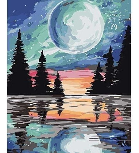 Cuadro De Pintura Por Números Lago Y Luna Llena Kit Completo