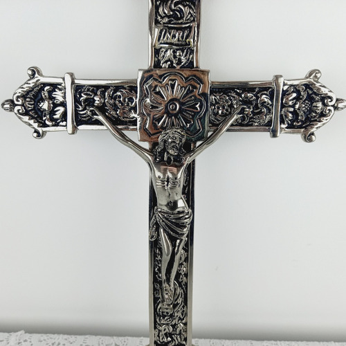 Gran Crucifijo Religioso Antiguo Plata Muy Trabajado Miralo