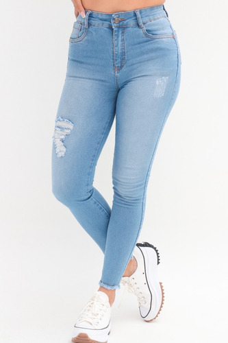 Imagen 3 de 10 de Jeans Tiro Alto Azul Flecos Stretch Dama Skinny Levantacola