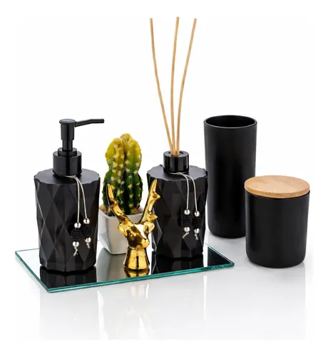 Kit  Lavabo Diamantado De Vidro C/ Difusor Porta Escova Kit Lavabo D. Preto 10 Peças