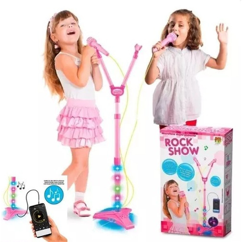 Microfone Infantil C Pedestal Karaoke Kid Mp3 Menina Luz