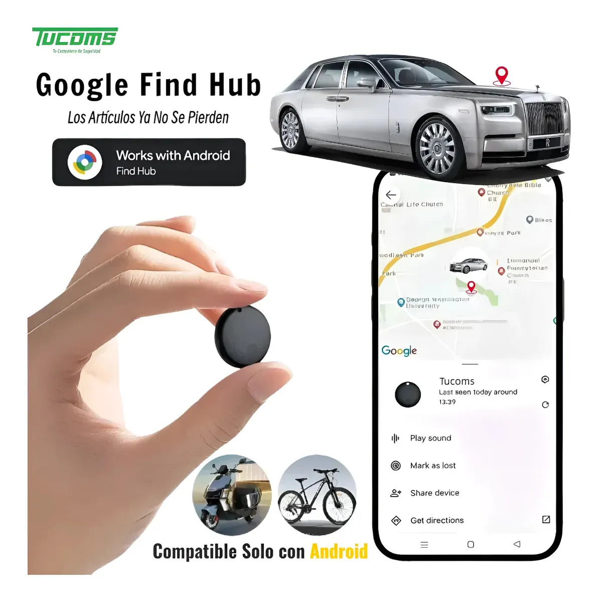 TUCOMS Mini Multiusos Android Smart Tag Localizador Rastreador Tracker Gps Localización Global Portátil Bluetooth Para Auto Moto Niños Mascotas Llave Maletas Carro Sedan Bicicleta Vehículo Familia