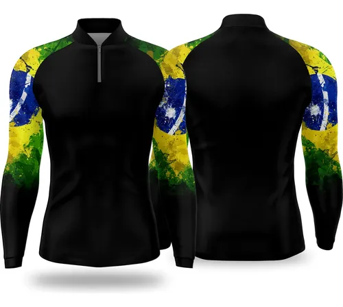 Camiseta Camisa Pesca Proteção Preta Lisa Manga Brasil Uvb50
